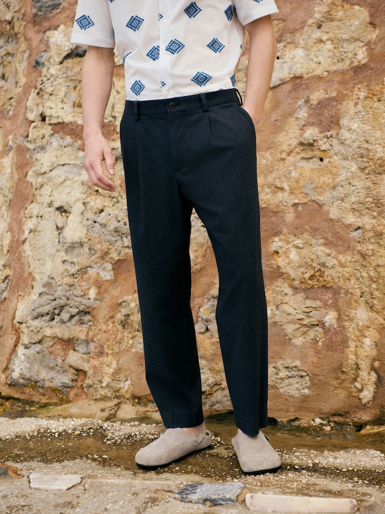 Navy Slim Fit Cotton Blend Texture Suit Trousers - Image 1 of 10