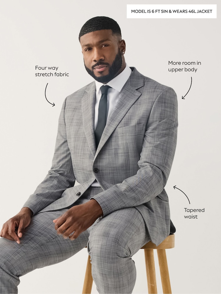 Mens Next Grey Check Muscle Fit Motionflex Stretch Suit Jacket 44 R