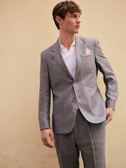 Grey Slim Fit Signature Leomaster Italian Striped Linen Fabric Suit Jacket - Image 1 of 11
