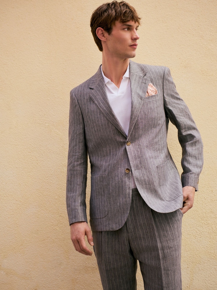 Grey Slim Fit Signature Leomaster Italian Striped Linen Fabric Suit Jacket - Image 1 of 11
