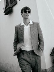 Grey Slim Fit Signature Leomaster Italian Striped Linen Fabric Suit Jacket - Image 10 of 11