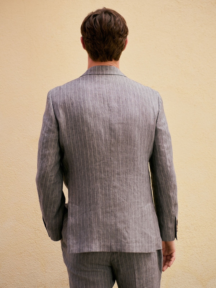 Grey Slim Fit Signature Leomaster Italian Striped Linen Fabric Suit Jacket - Image 2 of 11