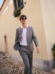 Grey Slim Fit Signature Leomaster Italian Striped Linen Fabric Suit Jacket - Image 5 of 11
