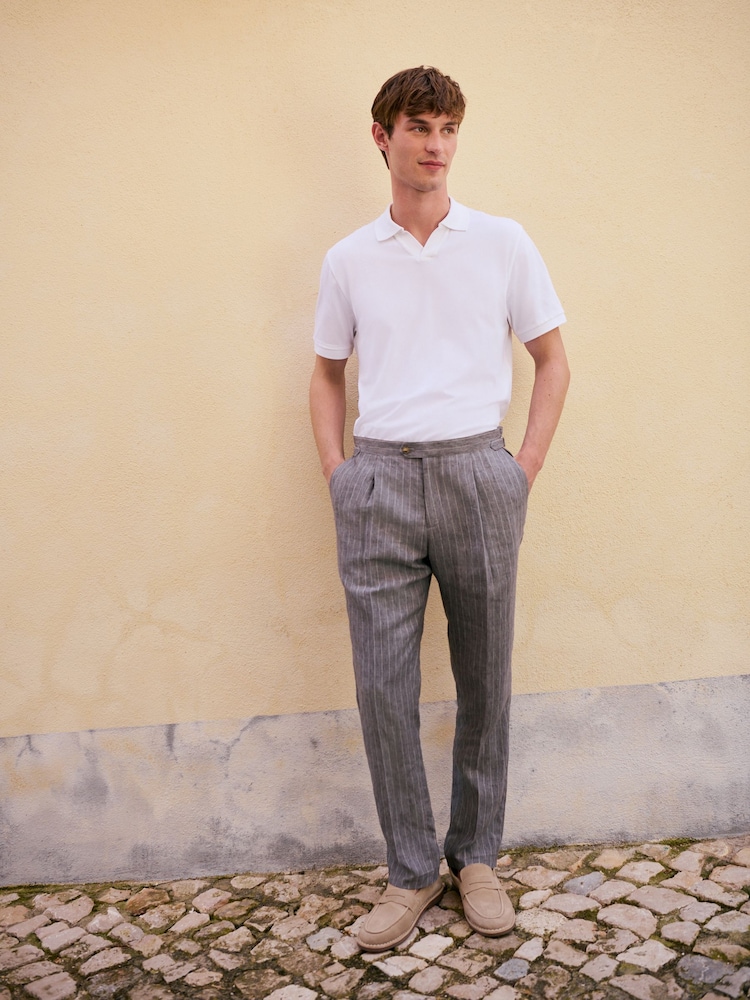 Grey Slim Fit Signature Leomaster Italian Striped Linen Fabric Suit Trousers - Image 1 of 12