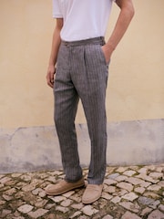 Grey Slim Fit Signature Leomaster Italian Striped Linen Fabric Suit Trousers - Image 2 of 12