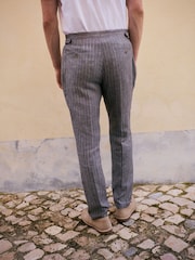 Grey Slim Fit Signature Leomaster Italian Striped Linen Fabric Suit Trousers - Image 3 of 12