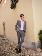 Grey Slim Fit Signature Leomaster Italian Striped Linen Fabric Suit Trousers - Image 4 of 12