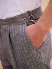 Grey Slim Fit Signature Leomaster Italian Striped Linen Fabric Suit Trousers - Image 5 of 12