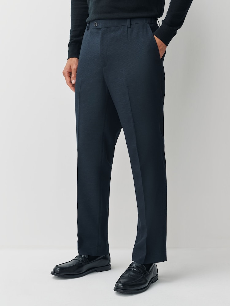 Navy Regular Fit Smart Textured Trousers With Stretch Waistband - Image 1 of 13 Navy Regular Fit Smart Textured Trousers With Stretch Waistband - Image 1 of 13