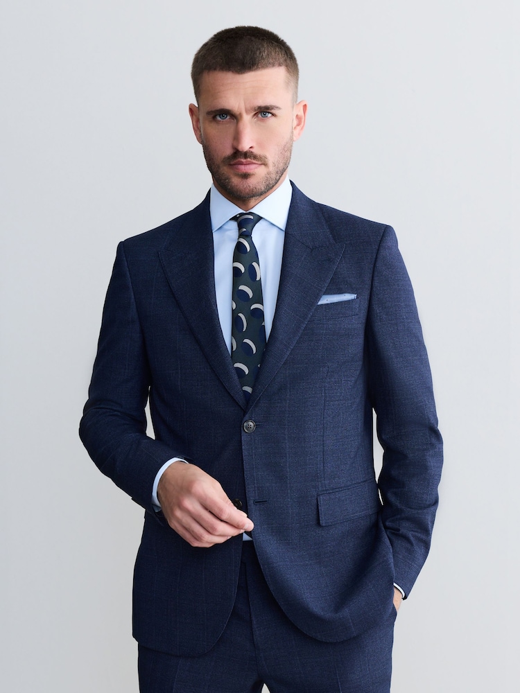 Navy Slim Fit Signature Marzotto Italian Fabric Check Suit Jacket - Image 1 of 5 Navy Slim Fit Signature Marzotto Italian Fabric Check Suit Jacket - Image 1 of 5