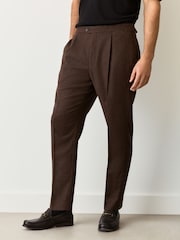 Brown Regular Fit Smart Wool Blend Trousers With Linen and Functional Side Adjusters - Image 1 of 14