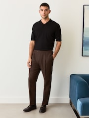 Brown Regular Fit Smart Wool Blend Trousers With Linen and Functional Side Adjusters - Image 2 of 14