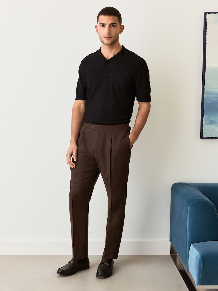 Brown Regular Fit Smart Wool Blend Trousers With Linen and Functional Side Adjusters - Image 2 of 14