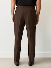 Brown Regular Fit Smart Wool Blend Trousers With Linen and Functional Side Adjusters - Image 3 of 14