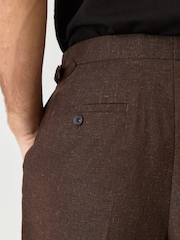 Brown Regular Fit Smart Wool Blend Trousers With Linen and Functional Side Adjusters - Image 5 of 14