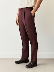 Burgundy Red Regular Fit Smart Wool Blend Trousers With Linen and Functional Side Adjusters - Image 1 of 14