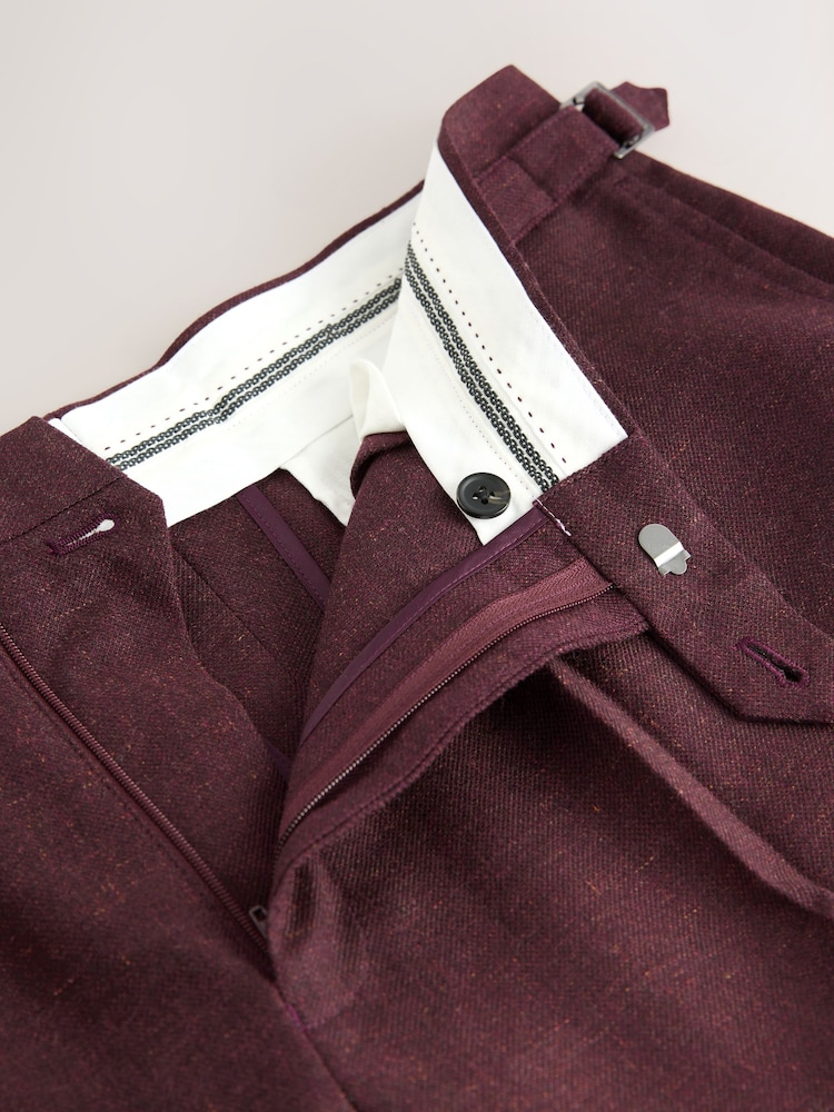 Burgundy Red Regular Fit Smart Wool Blend Trousers With Linen and Functional Side Adjusters - Image 14 of 14