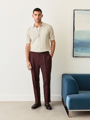 Burgundy Red Regular Fit Smart Wool Blend Trousers With Linen and Functional Side Adjusters - Image 2 of 14