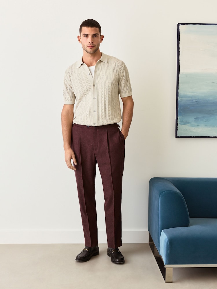 Burgundy Red Regular Fit Smart Wool Blend Trousers With Linen and Functional Side Adjusters - Image 2 of 14