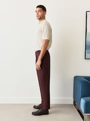 Burgundy Red Regular Fit Smart Wool Blend Trousers With Linen and Functional Side Adjusters - Image 4 of 14