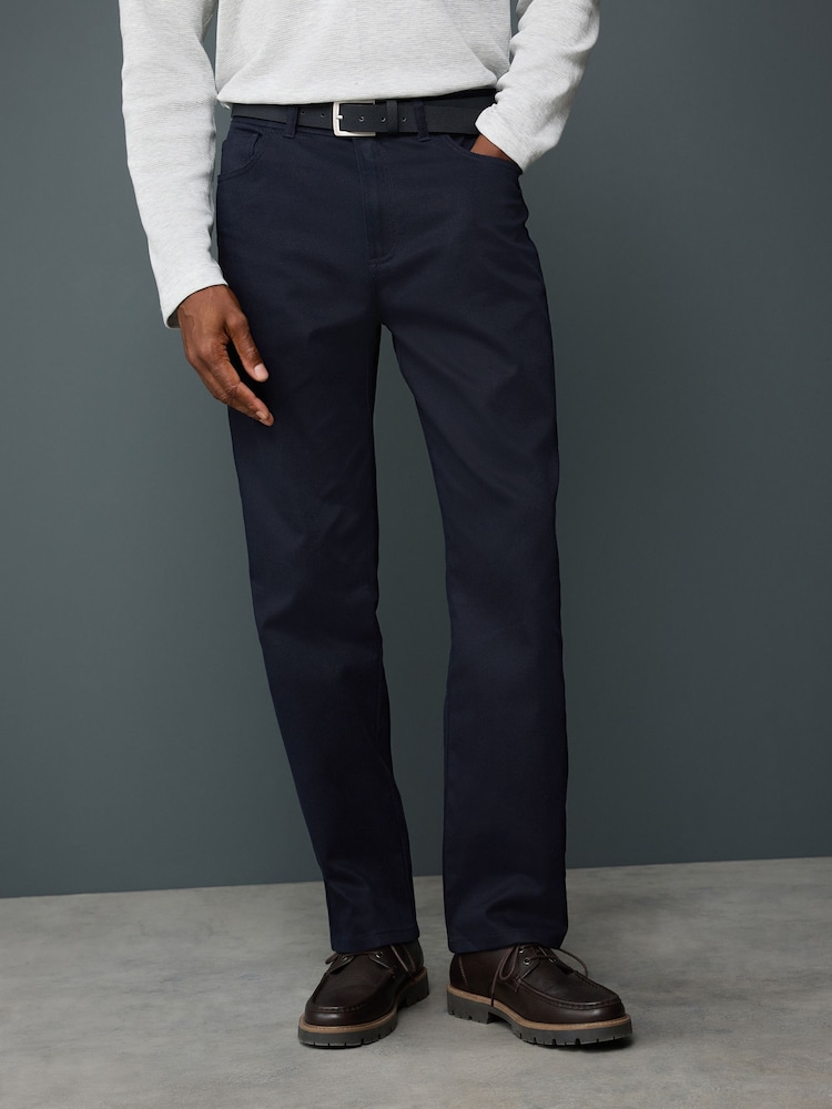 Navy Blue Straight Fit Smart Brushed Cotton TENCEL™ Lyocell Blend Chinos With Belt - Image 1 of 5