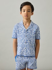 Blauw/wit - Reiss River Tile Pattern Knit Shirt - Image 1 of 4
