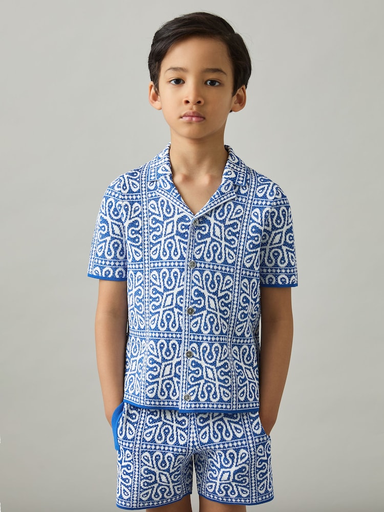 Blauw/wit - Reiss River Tile Pattern Knit Shirt - Image 1 of 4