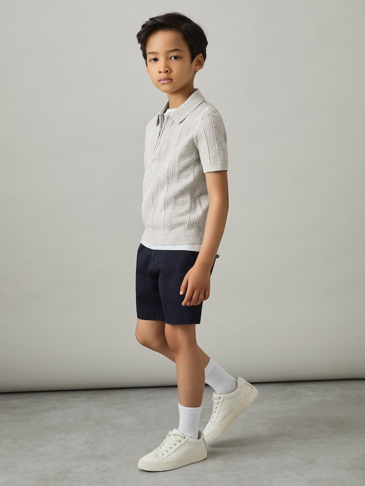Reiss Grey Melange Texas 3-9 yrs Textured-Knit Half-Zip Polo Shirt - Image 1 of 4