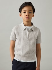 Reiss Grey Melange Texas 3-9 yrs Textured-Knit Half-Zip Polo Shirt - Image 3 of 4