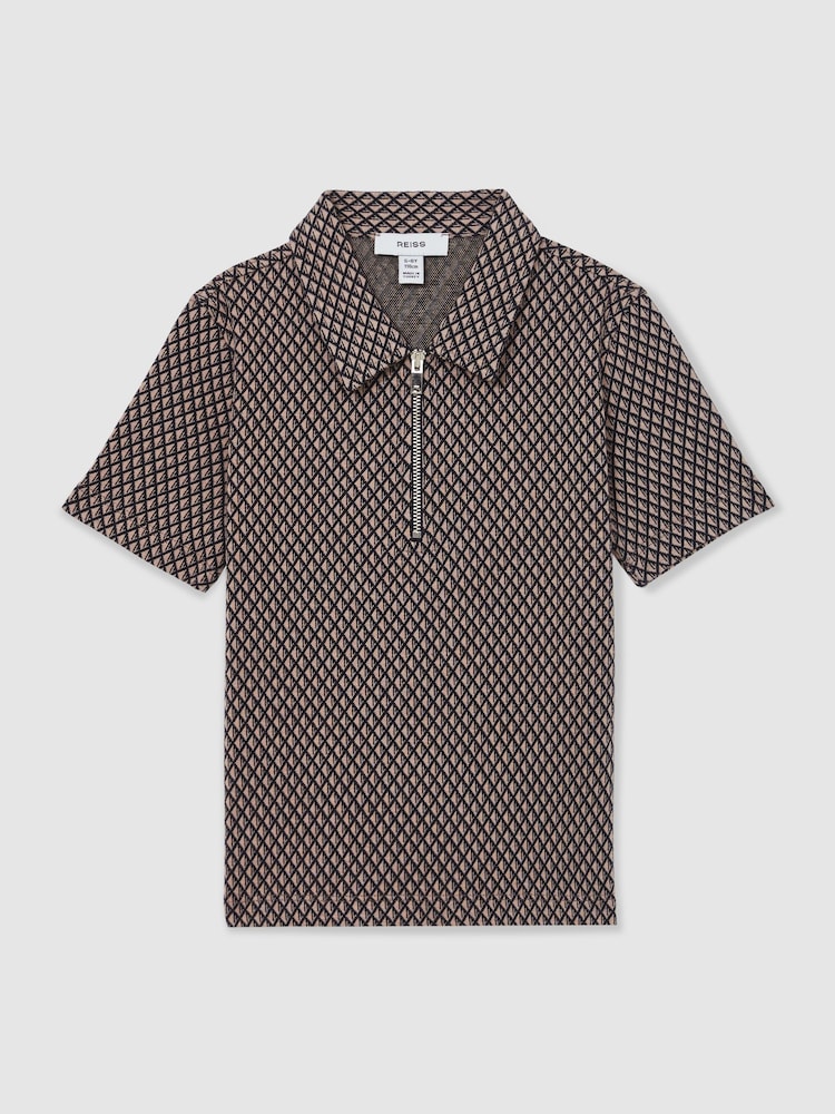 Reiss Tobacco Brown/Navy Baines 9-13 yrs Geometric Jacquard Polo Shirt - Image 2 of 4