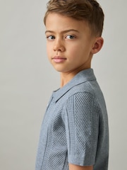 Reiss Airforce Blue Texas 3-9 yrs Textured-Knit Half-Zip Polo Shirt - Image 1 of 4