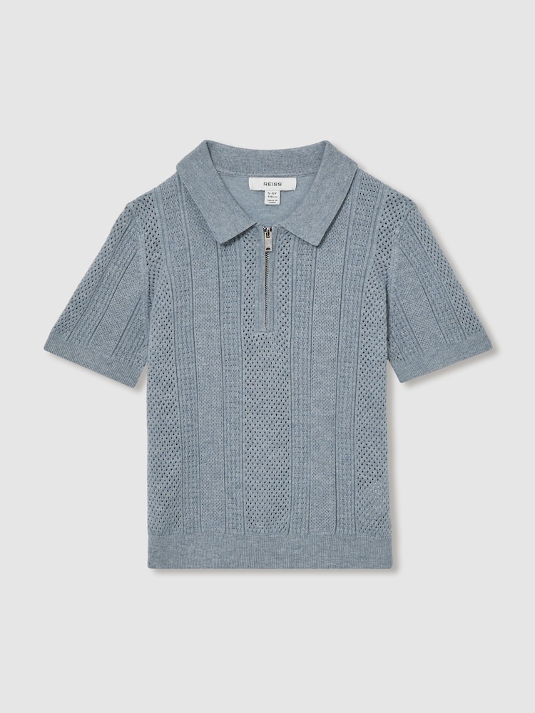 Reiss Airforce Blue Texas 3-9 yrs Textured-Knit Half-Zip Polo Shirt - Image 2 of 4