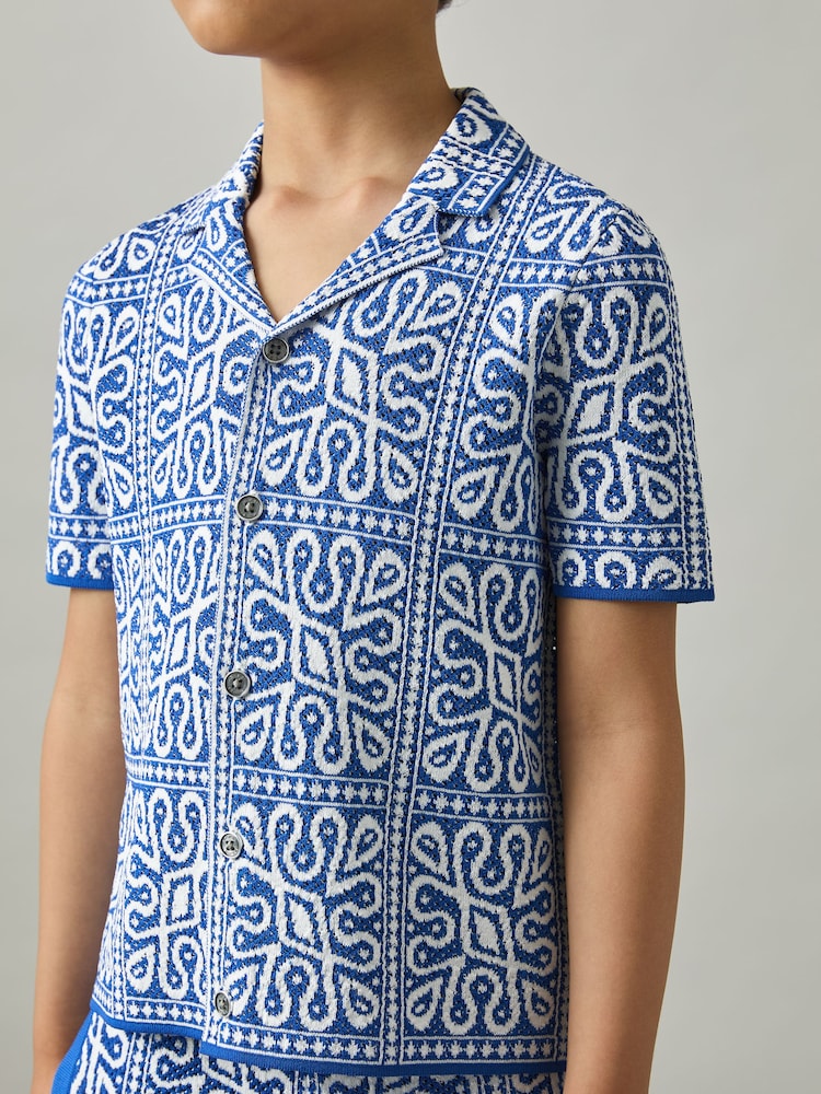 Reiss Blue/White River 9-13 yrs Tile Pattern Knit Shirt - Image 1 of 4