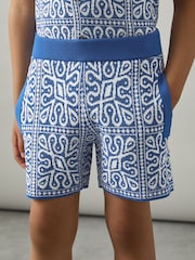 Reiss Blue/White Redhill 13-14 yrs Tile Pattern Knit Shorts - Image 2 of 4