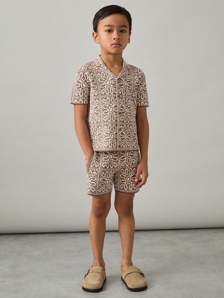 Bruin/gebroken wit - Reiss Redhill Tile Pattern Knit Shorts - Image 2 of 4