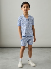 Reiss Blue/White Redhill 3-9 yrs Tile Pattern Knit Shorts - Image 3 of 4
