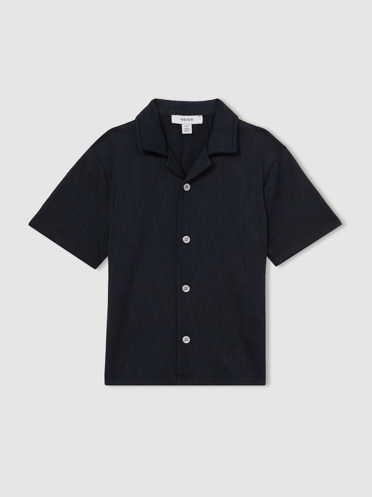 Reiss Navy Elio 9-13 yrs Wave Jacquard Cuban Collar Shirt - Image 2 of 5