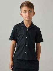 Reiss Navy Elio 9-13 yrs Wave Jacquard Cuban Collar Shirt - Image 3 of 5