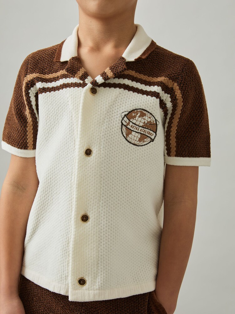 Reiss Taupe Brown/White Mitchell 3-9 yrs Chenille Airlines Embroidery Shirt - Image 1 of 5