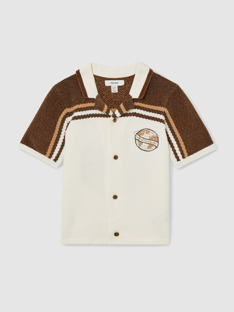 Reiss Taupe Brown/White Mitchell 3-9 yrs Chenille Airlines Embroidery Shirt - Image 2 of 5