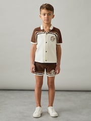 Brown/Taupe Brown/White - Reiss Pete Chenille Airlines Embroidery Shorts - صورة 3 من 4