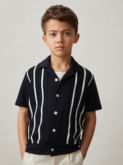 Reiss Navy/White Chaplin 9-13 yrs Stripe Cuban Collar Shirt - Image 1 of 4