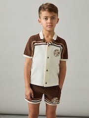 Reiss Taupe Brown/White Mitchell 9-13 yrs Chenille Airlines Embroidery Shirt - Image 1 of 5