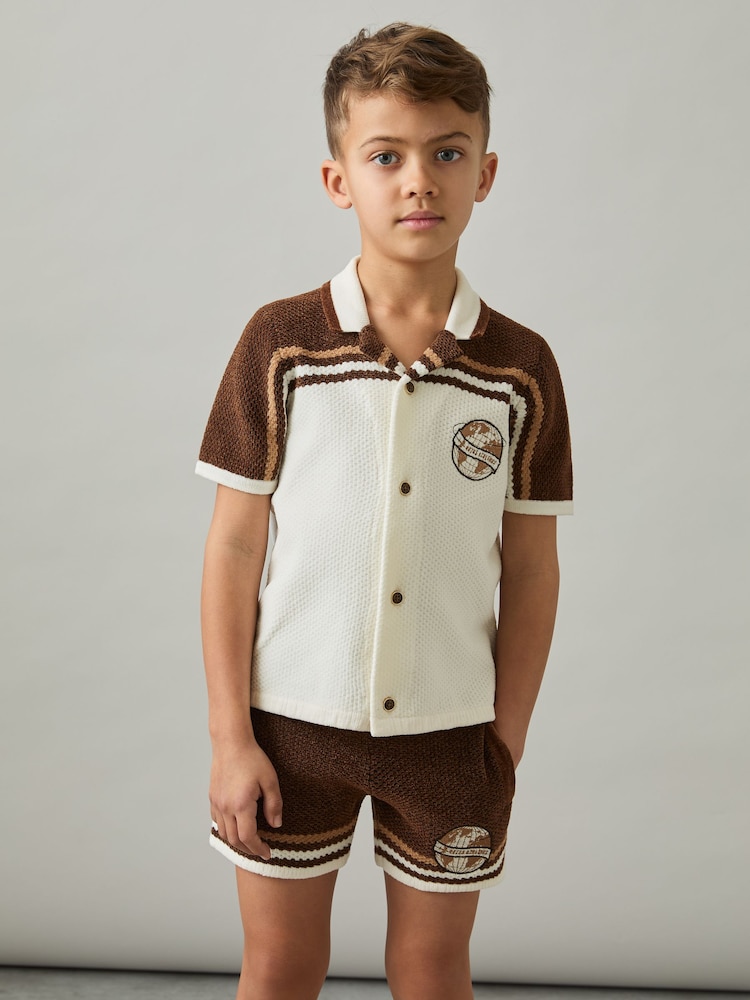 Reiss Taupe Brown/White Mitchell 9-13 yrs Chenille Airlines Embroidery Shirt - Image 1 of 5