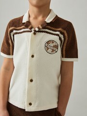 Reiss Taupe Brown/White Mitchell 9-13 yrs Chenille Airlines Embroidery Shirt - Image 3 of 5