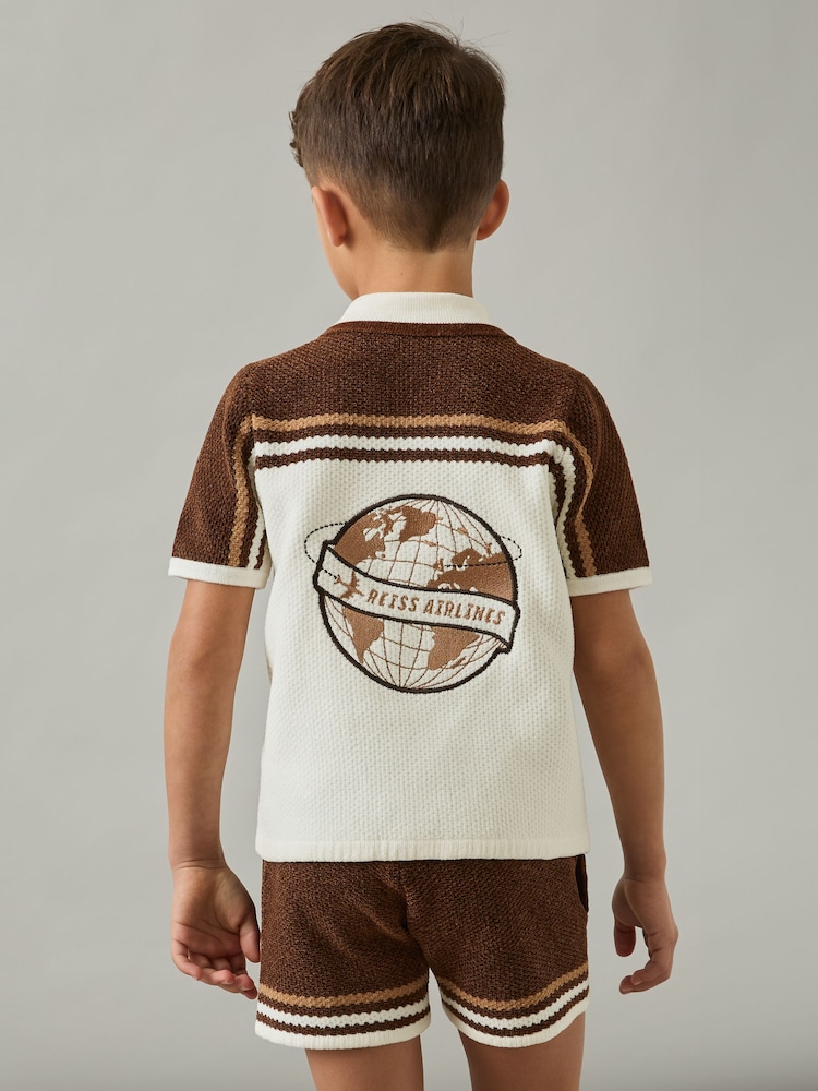 Taupe-Braun/Weiß - Reiss Mitchell Chenille Airlines Embroidery Shirt - Image 4 of 5