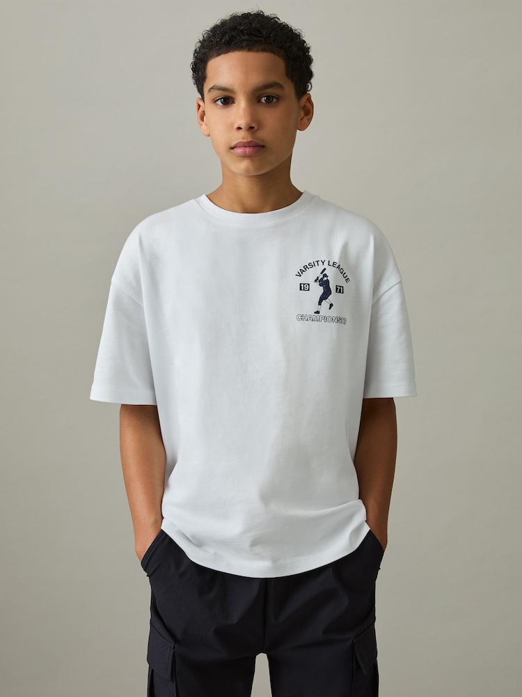 Reiss Off White Zito 3-9 yrs Cotton Varsity-League T-Shirt - Image 1 of 4
