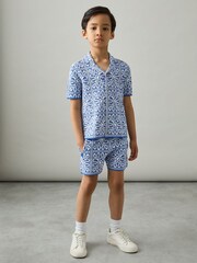 Blauw/wit - Reiss Redhill Tile Pattern Knit Shorts - Image 1 of 4