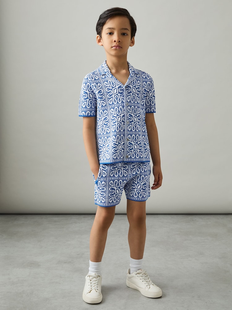 Blauw/wit - Reiss Redhill Tile Pattern Knit Shorts - Image 1 of 4