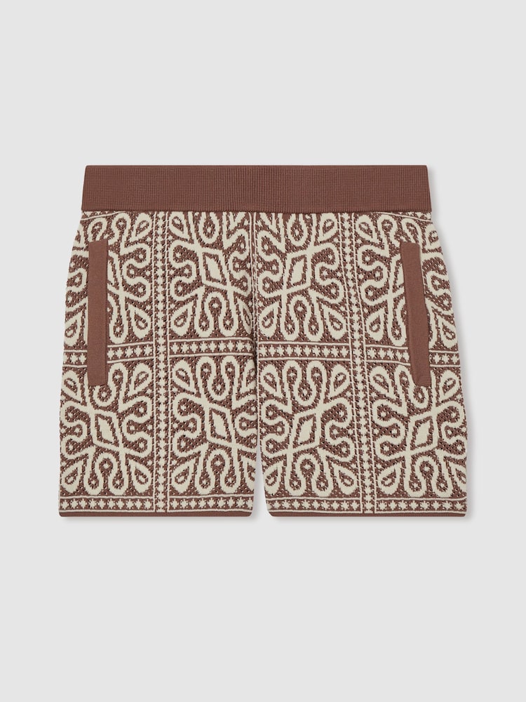 Reiss Brown/Off White Redhill 9-13 yrs Tile Pattern Knit Shorts - Image 2 of 4
